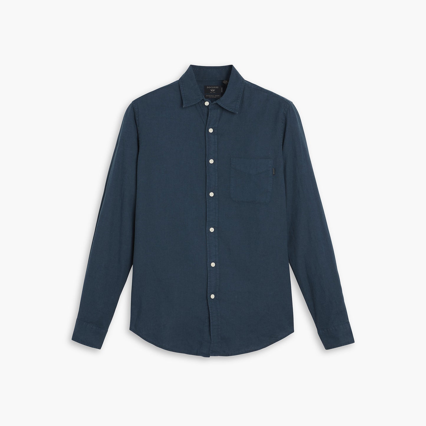 Dockers' Men's Original Shirt, LS is a dark blue button-up featuring long sleeves, a single chest pocket, and offers a clean-cut look with a comfortable fit, showcased on a white backdrop.