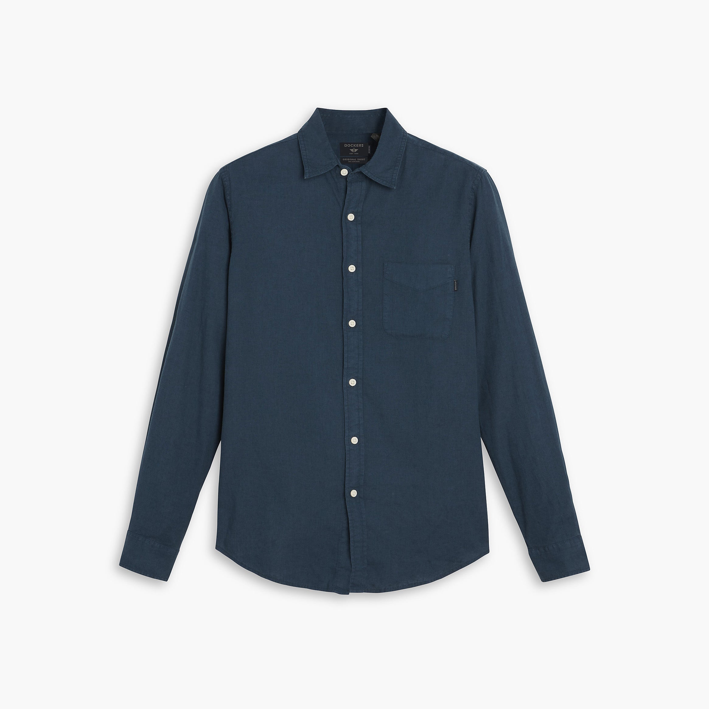 Dockers' Men's Original Shirt, LS is a dark blue button-up featuring long sleeves, a single chest pocket, and offers a clean-cut look with a comfortable fit, showcased on a white backdrop.