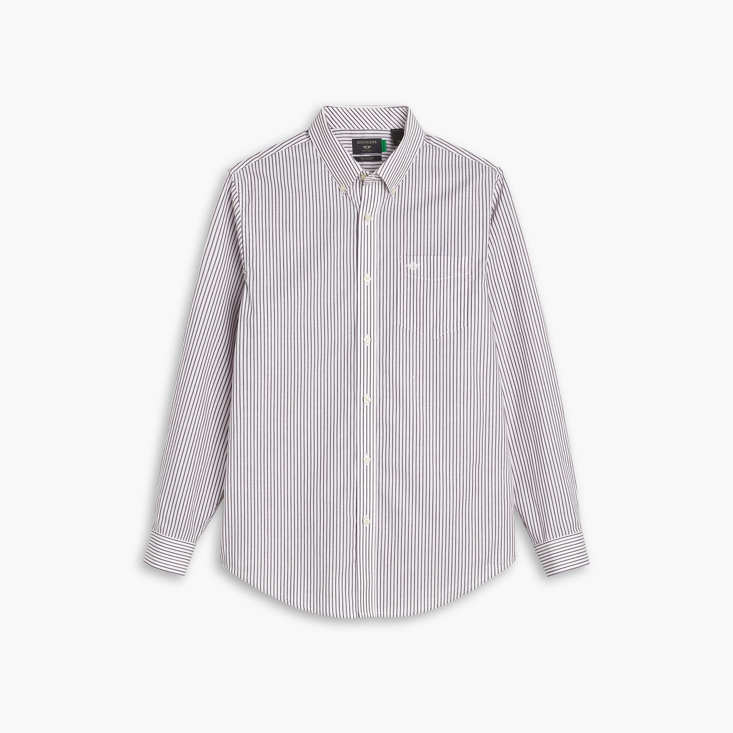The Dockers Men's Signature Shirt, LS features black and white vertical stripes, a Comfort Flex pointed collar, button-up front, and chest pocket; shown on a white background.