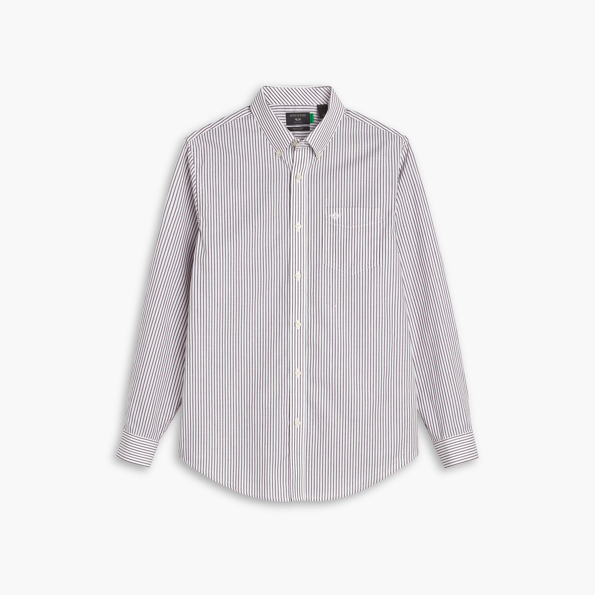 The Dockers Men's Signature Shirt, LS features black and white vertical stripes, a Comfort Flex pointed collar, button-up front, and chest pocket; shown on a white background.