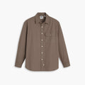 The Dockers Genderless 86 1-Pocket Shirt, LS, is a relaxed-fit brown button-up made from durable cotton ripstop, featuring a single chest pocket and displayed on a white background.
