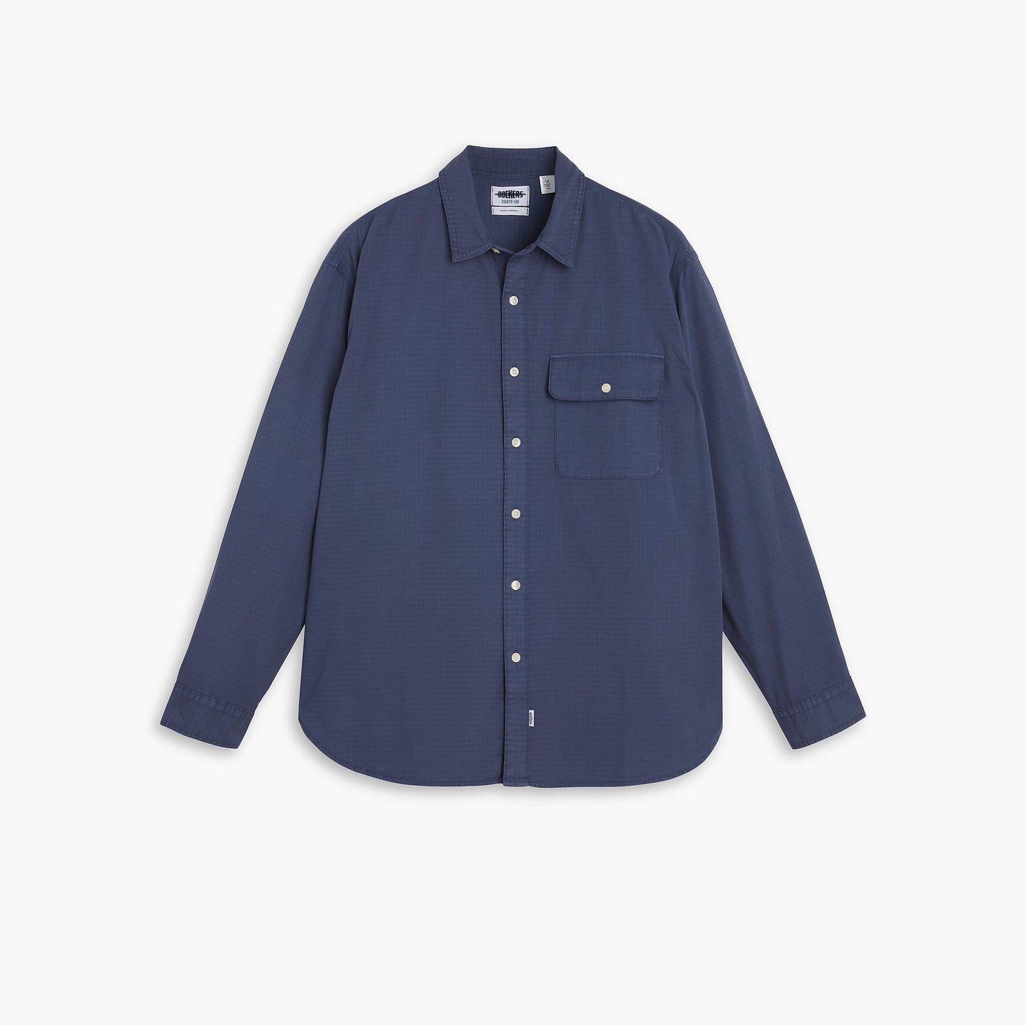 The Dockers Genderless 86 1-Pocket Shirt, LS is a relaxed fit, long-sleeved navy shirt with a button-up design. Made from durable cotton ripstop fabric, it includes a single chest pocket and a classic collar.