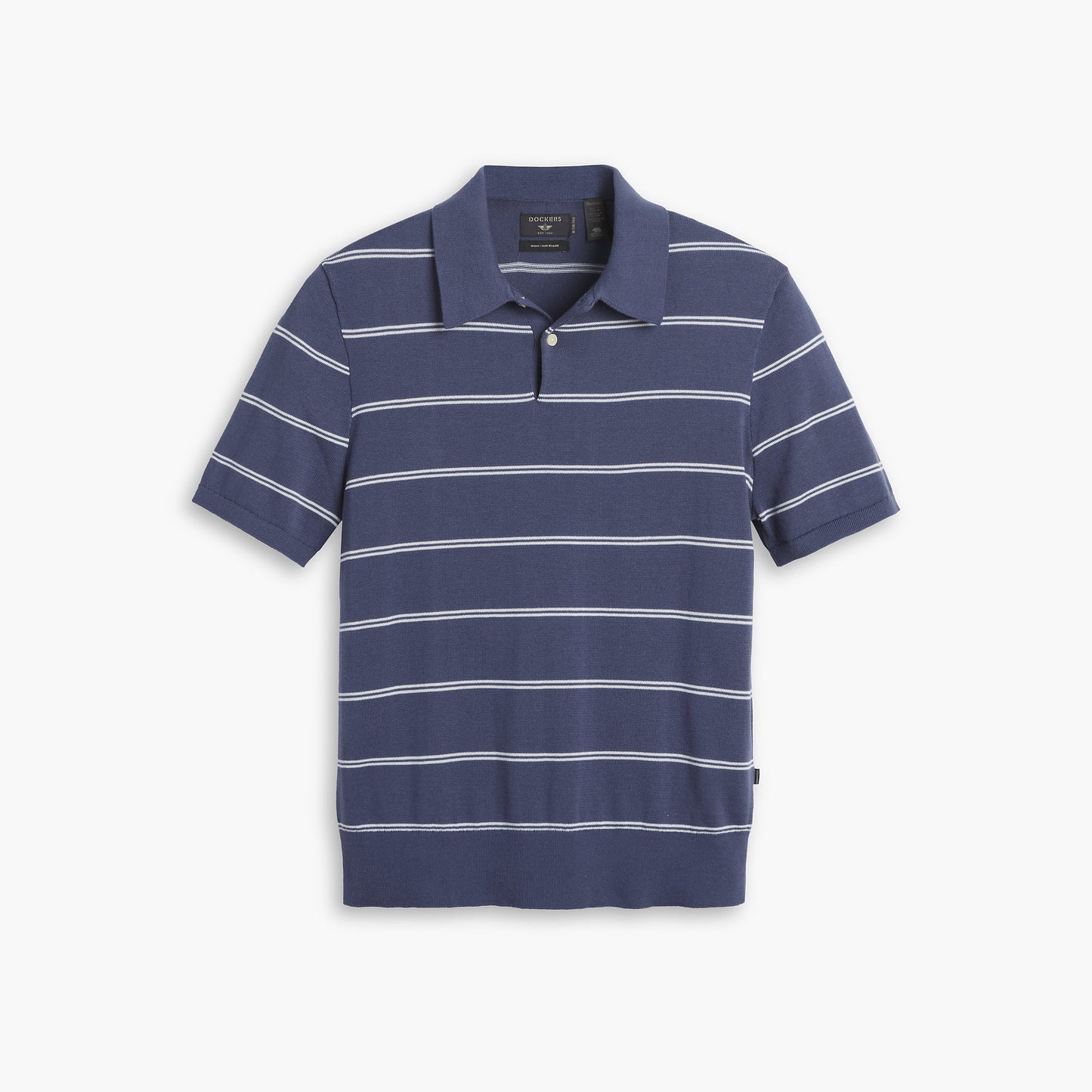 The Dockers Men's Sweater Polo features short sleeves, thin white stripes on navy, a collar with front button placket, and is made from soft BCI Cotton for comfort and sustainability.