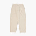 The Universal Works Recycled Cotton Duke Pant in Ecru features a high waist, pleated front, straight legs, button and zip closure, and front pockets, shown laid flat on a white background.