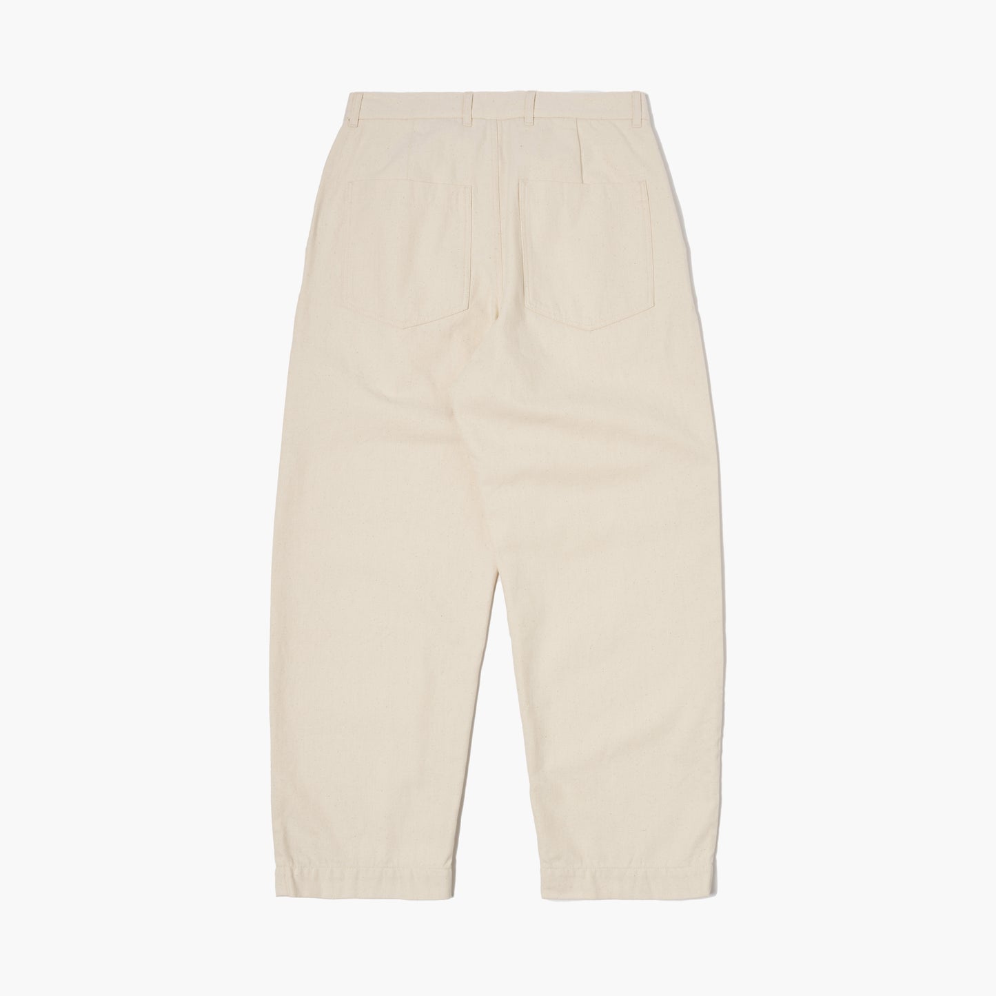 Universal Works Recycled Cotton Duke Pant in Ecru, high-waisted with straight legs, shown flat on a white background displaying the back with two rear pockets and belt loops.