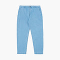 Washed indigo 8 Oz Organic Denim Military Chino by Universal Works, featuring a button and zipper closure, front pockets, and straight legs; displayed on a white background.