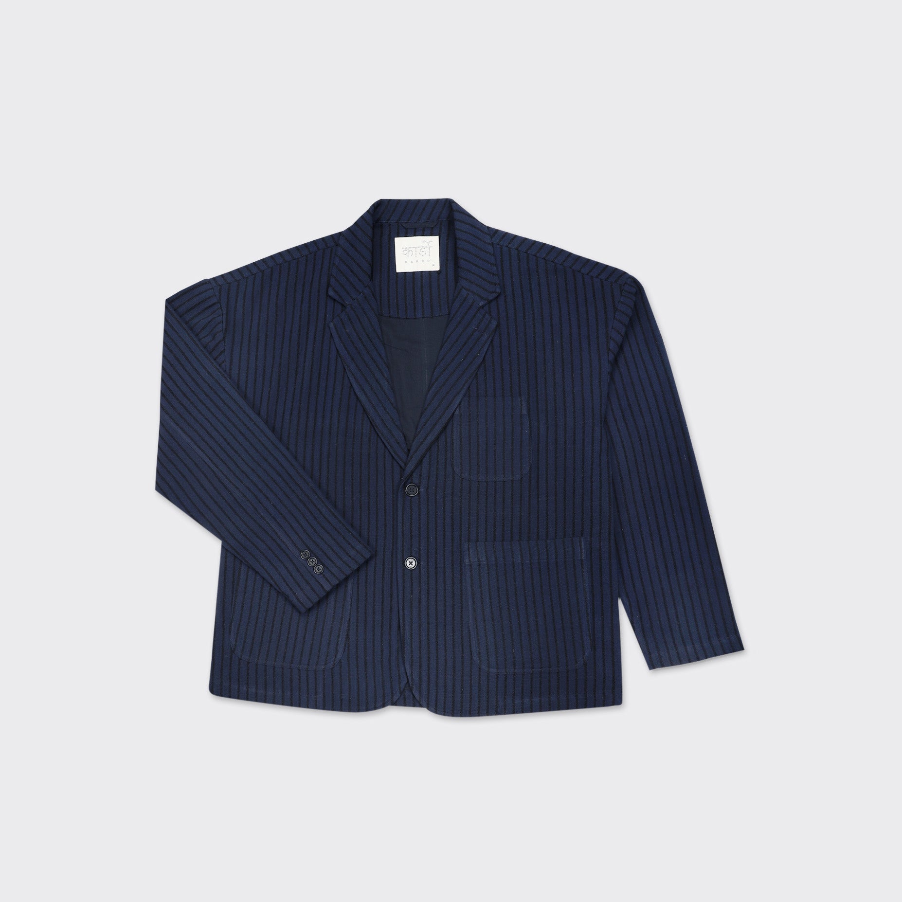 The Kardo Hugh 2.0 Blazer in Blue Black Stripe features two front pockets, a button closure, and notched lapels, shown on a plain white background.