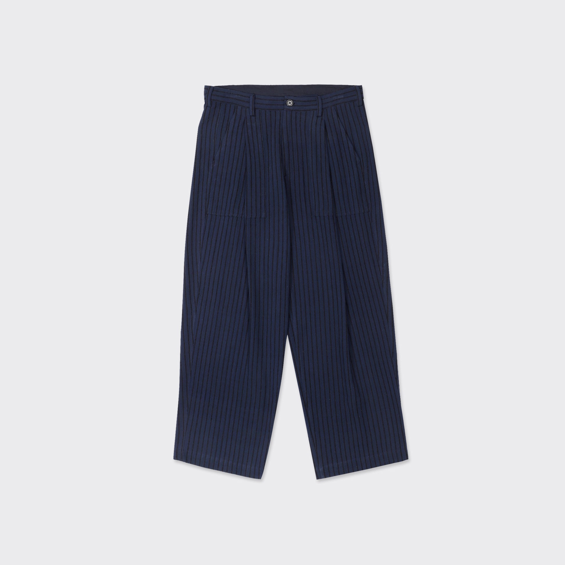Kardo Yuki Pleated Trousers in blue-black stripe, featuring wide legs, subtle vertical pinstripes, front pleats, belt loops, and side pockets, shown laid flat on a light background.