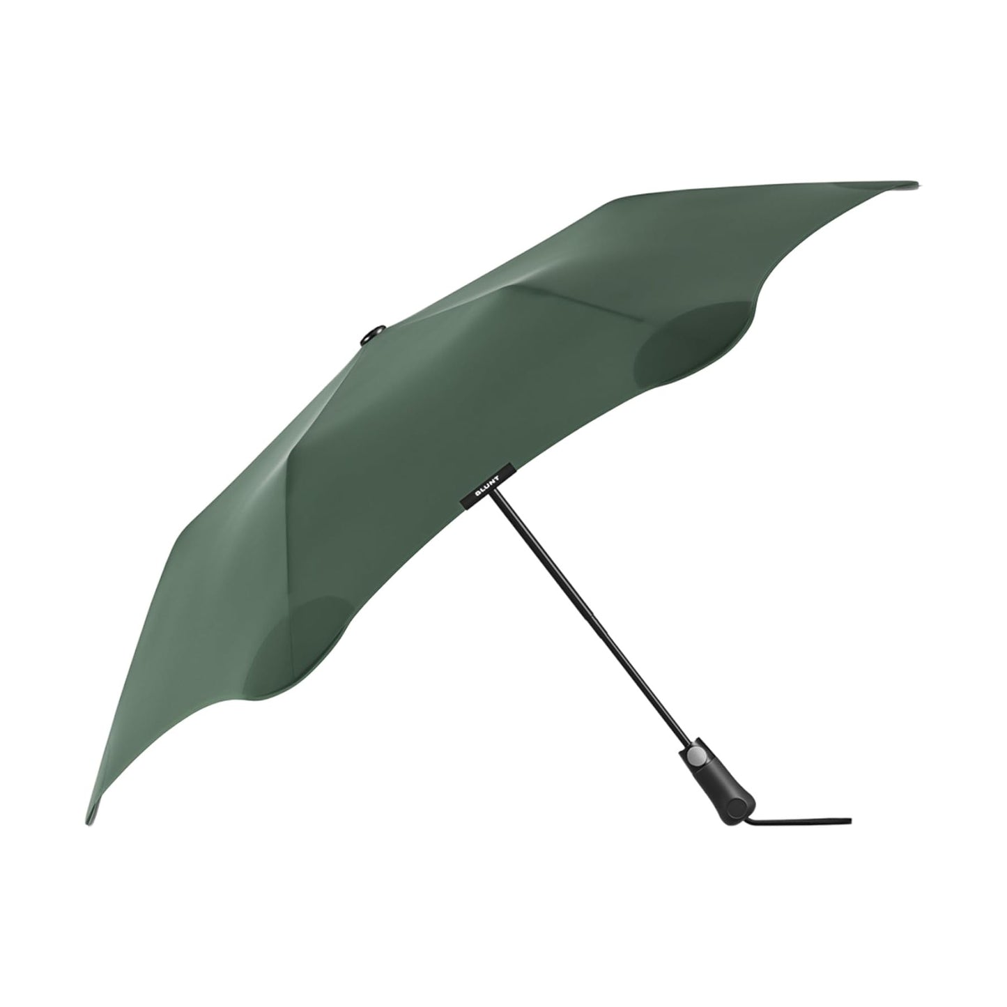 The Blunt Mini Metro Umbrella in green features a compact, asymmetric aerodynamic canopy and a black handle, displayed partially open against a white background.