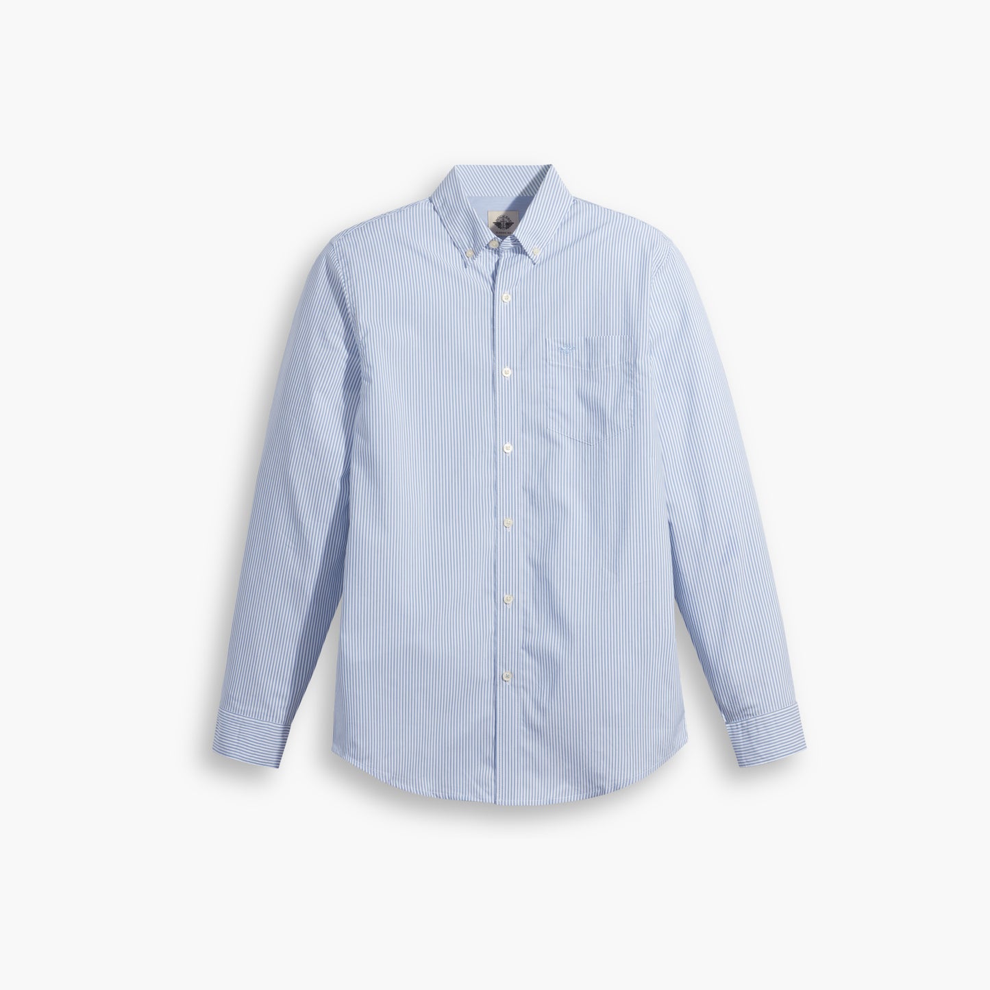 The Dockers Men's Signature Comfort Flex Shirt, LS, shown on a white background, is a light blue stretch poplin button-up with subtle vertical stripes, long sleeves, a chest pocket, classic collar, and wrinkle-resistant comfort.