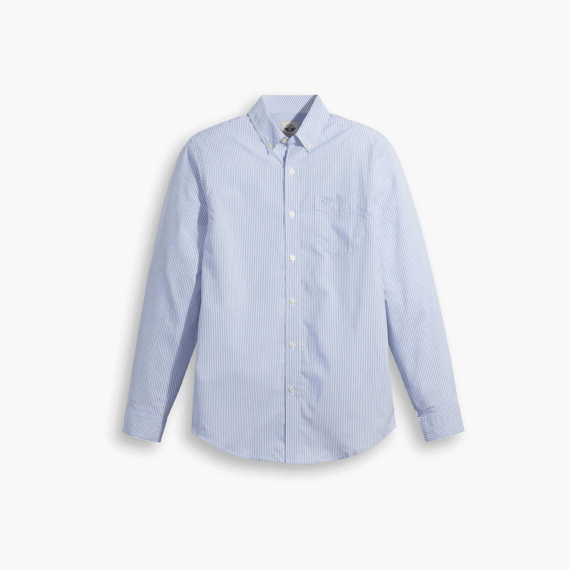 The Dockers Men's Signature Comfort Flex Shirt, LS, shown on a white background, is a light blue stretch poplin button-up with subtle vertical stripes, long sleeves, a chest pocket, classic collar, and wrinkle-resistant comfort.