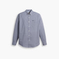 The Dockers Men's Signature Comfort Flex Shirt, LS, features blue and white checkered stretch poplin, a Comfort Flex Collar, chest pocket, and long sleeves, shown on a white background.