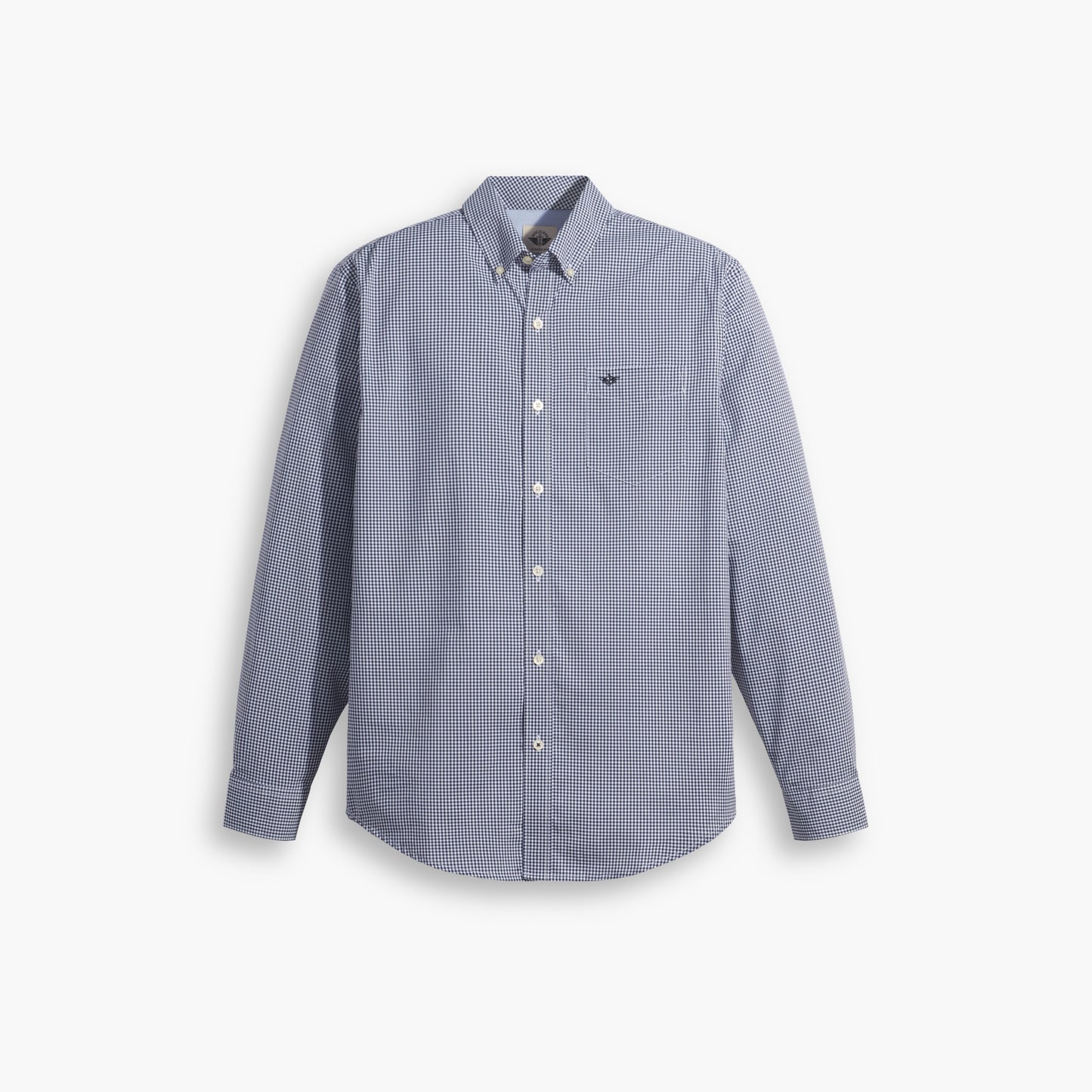 The Dockers Men's Signature Comfort Flex Shirt, LS, features blue and white checkered stretch poplin, a Comfort Flex Collar, chest pocket, and long sleeves, shown on a white background.