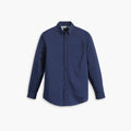 The Dockers Men's Signature Comfort Flex Shirt, LS is a navy blue, long-sleeve, button-up shirt with a single chest pocket and Comfort Flex Collar. Made from Stretch Poplin, it's wrinkle-resistant for all-day comfort, shown on a white background.