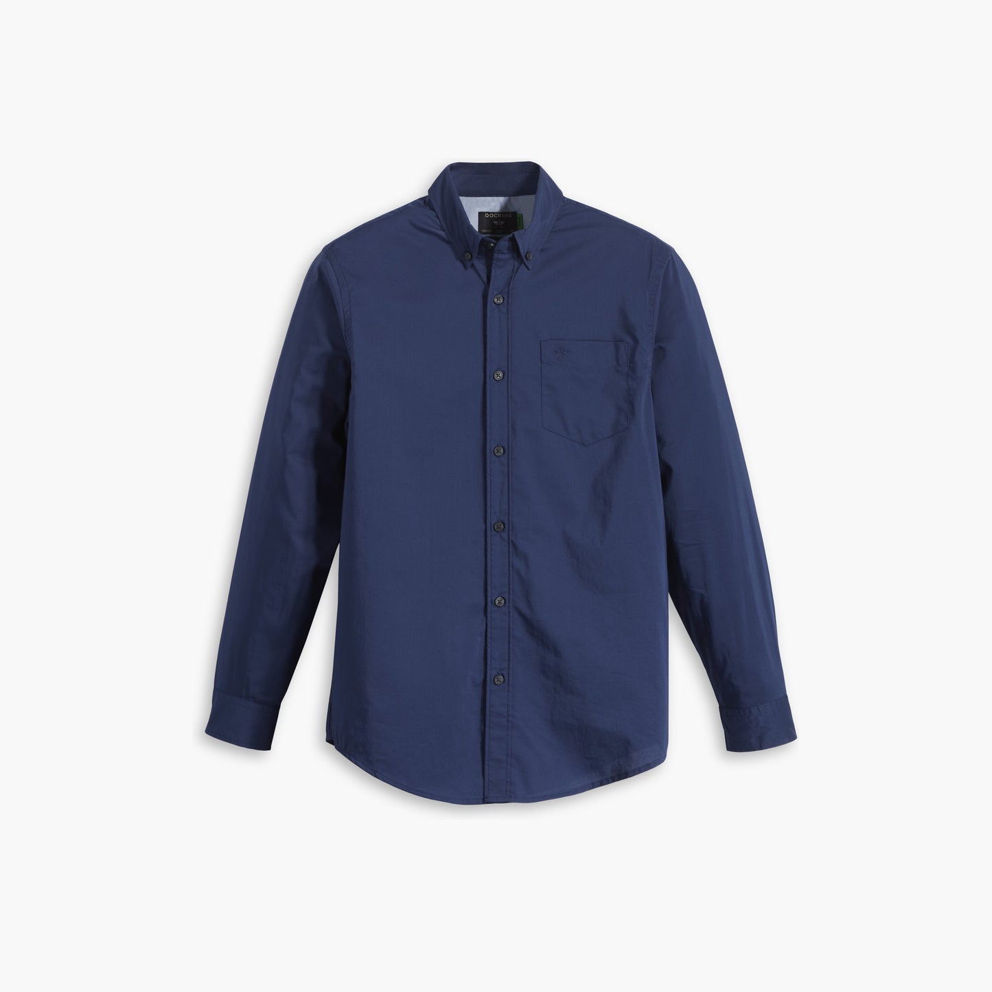 The Dockers Men's Signature Comfort Flex Shirt, LS is a navy blue, long-sleeve, button-up shirt with a single chest pocket and Comfort Flex Collar. Made from Stretch Poplin, it's wrinkle-resistant for all-day comfort, shown on a white background.