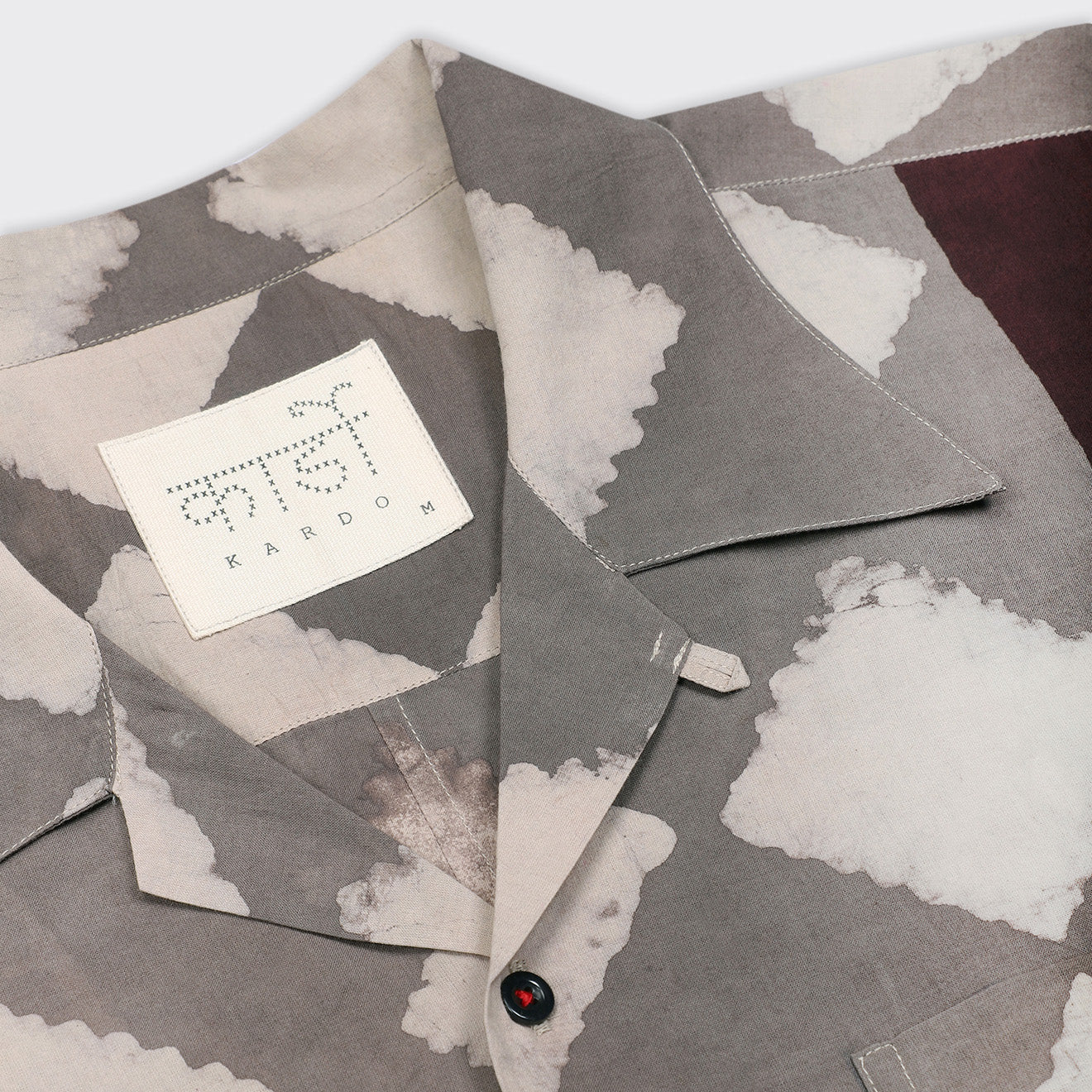 Close-up of the Rohit Shirt, Block Print 139 by Kardo, featuring a grey and white abstract pattern and a visible Kardo label.