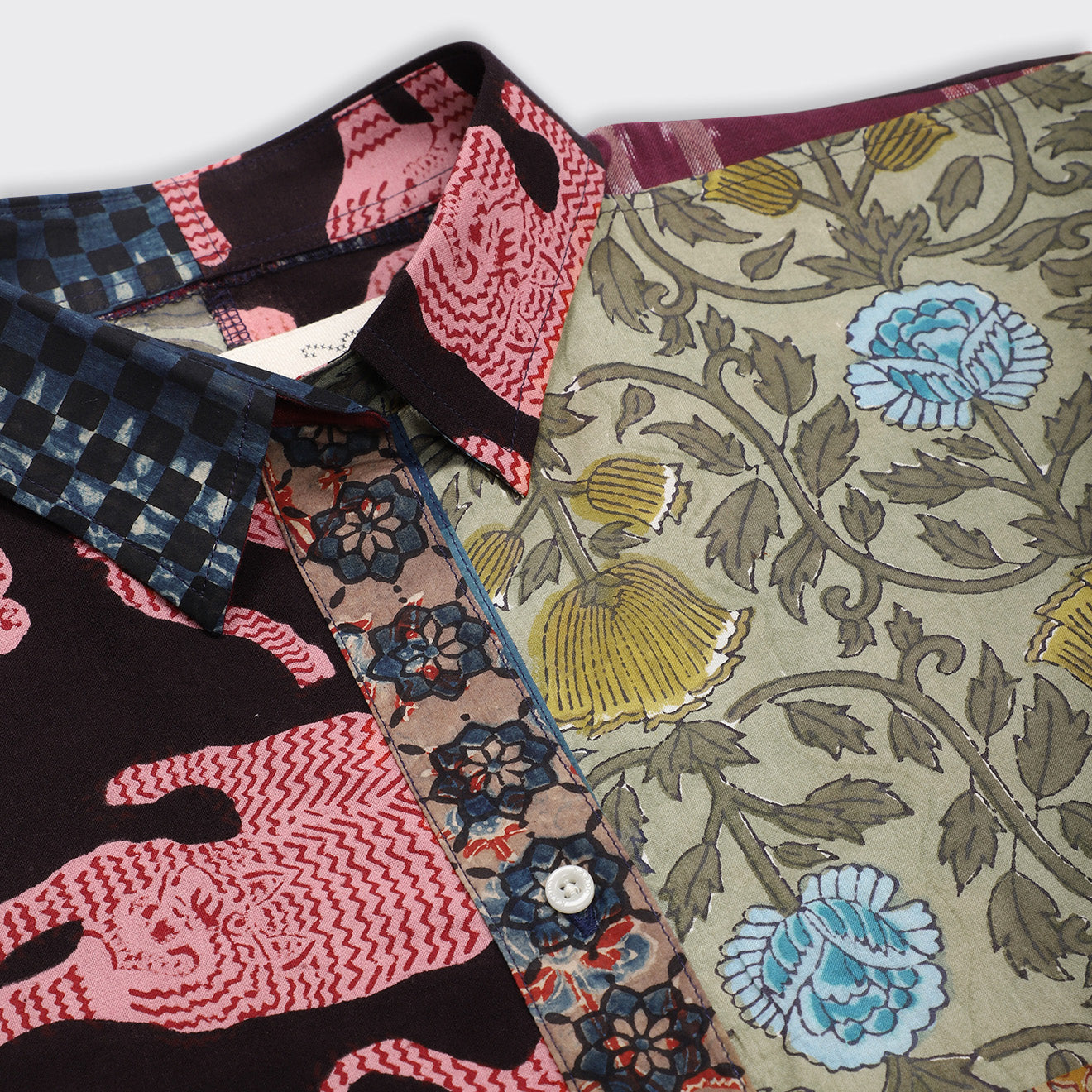 The Fanette Overshirt, Patchwork 07 by Kardo from the SS25 collection showcases detailed stitching and a button, featuring a mix of floral, checkered, and animal patchwork patterns in vibrant colors and select fabrics.
