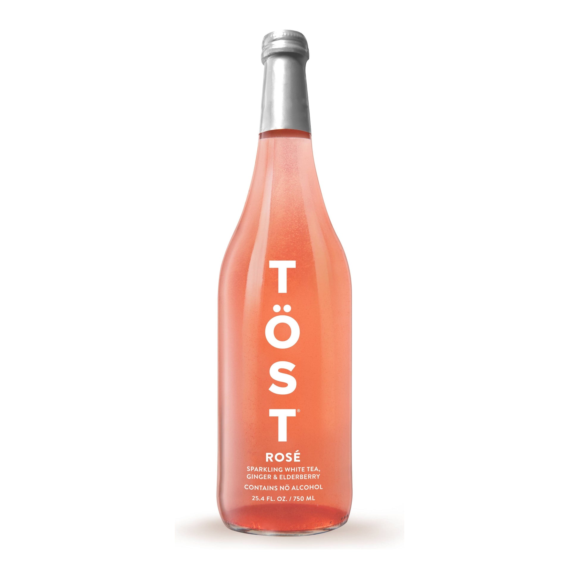 A bottle of TÖST ROSÉ, a non-alcoholic refresher by TÖST Beverages, stands against a white background. The bottle is tinted pink with simple white text labeling.
