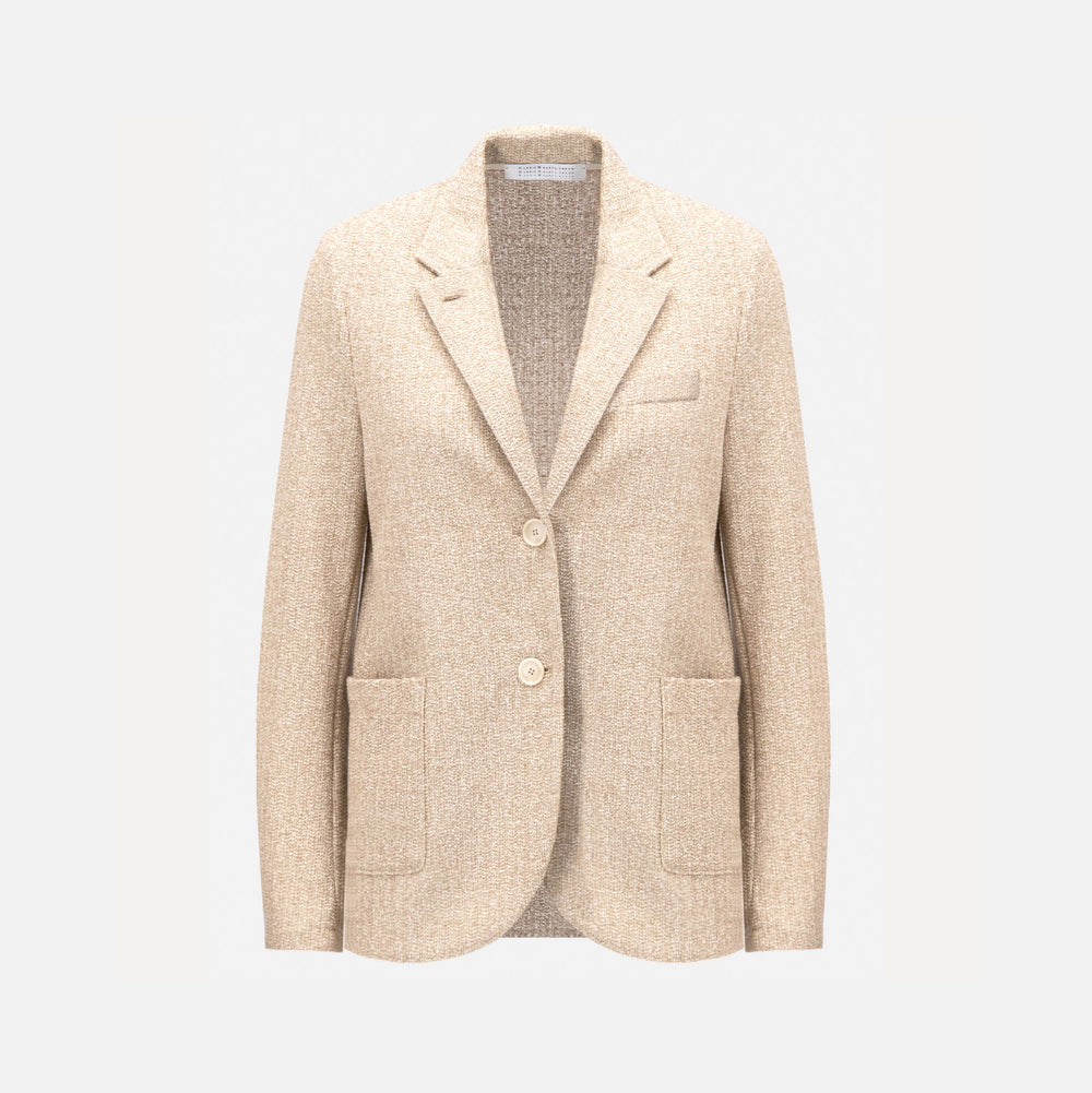 W Stand Up Collar Bicolor Blazer Frize, White & Beige