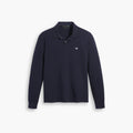 The Dockers Men's Pique Polo, LS features a navy blue slim fit, long sleeves, a no-roll collar, button placket, and a small white logo on the left chest, shown against a white background.