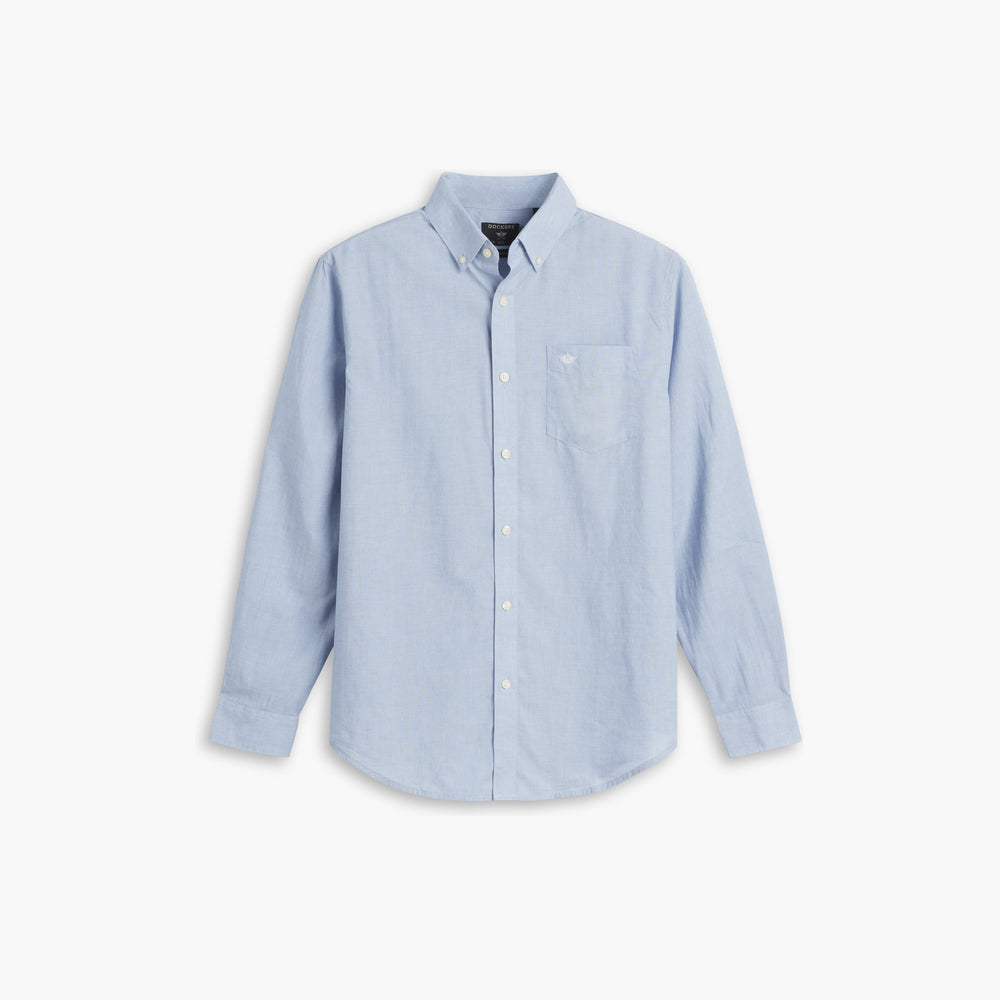 The Dockers Men's Signature Shirt, LS is a light blue, long-sleeve button-down with a chest pocket, made from Mechanical Stretch Poplin for easy movement, shown on a plain white background.