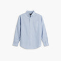 The Dockers Men's Signature Shirt, LS is a light blue, long-sleeve button-down with a chest pocket, made from Mechanical Stretch Poplin for easy movement, shown on a plain white background.