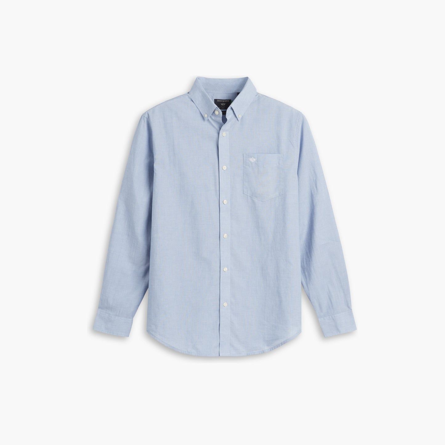 The Dockers Men's Signature Shirt, LS is a light blue, long-sleeve button-down with a chest pocket, made from Mechanical Stretch Poplin for easy movement, shown on a plain white background.