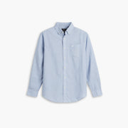 The Dockers Men's Signature Shirt, LS is a light blue, long-sleeve button-down with a chest pocket, made from Mechanical Stretch Poplin for easy movement, shown on a plain white background.