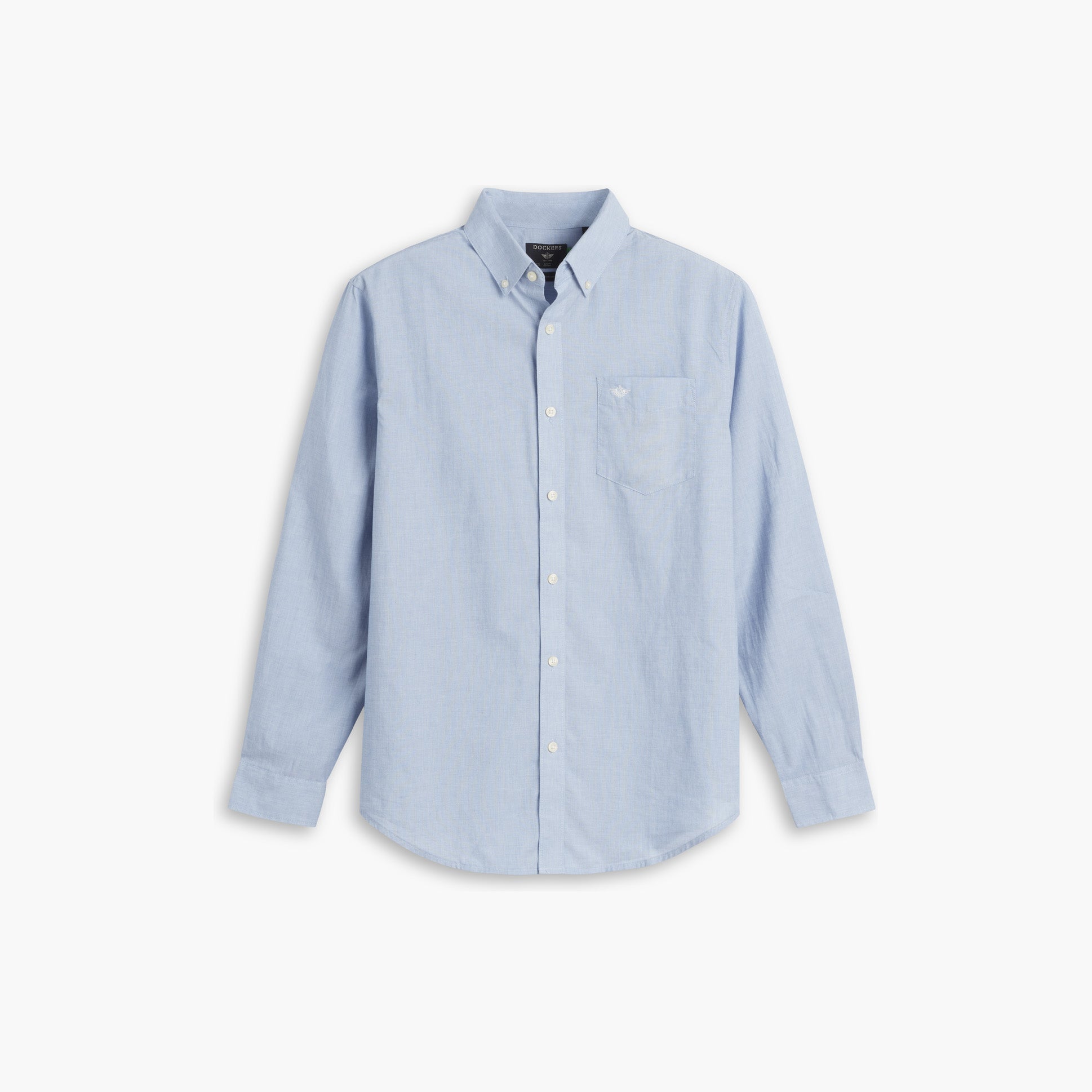 The Dockers Men's Signature Shirt, LS is a light blue, long-sleeve button-down with a chest pocket, made from Mechanical Stretch Poplin for easy movement, shown on a plain white background.
