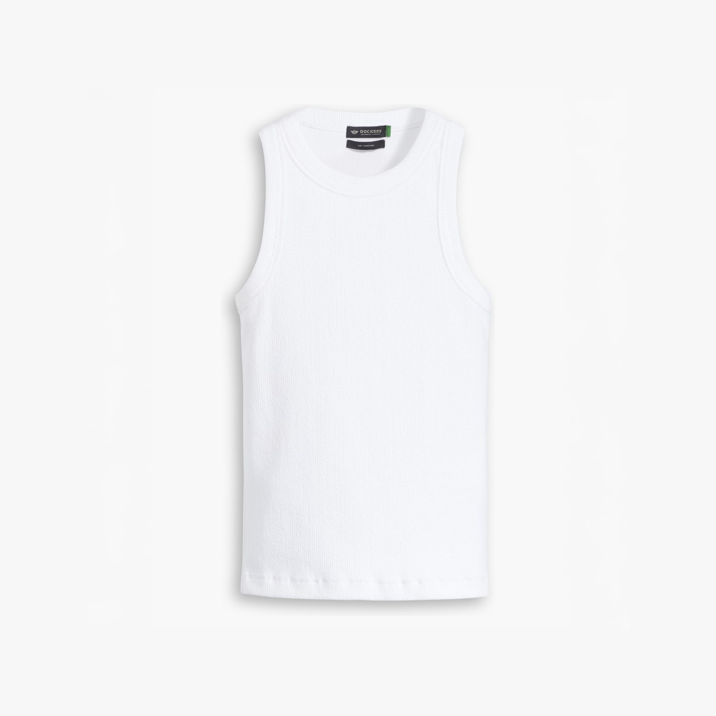 Dockers Women's Rib Tank with Loft Knit: A white sleeveless ribbed tank top crafted from organic cotton, displayed against a plain backdrop.
