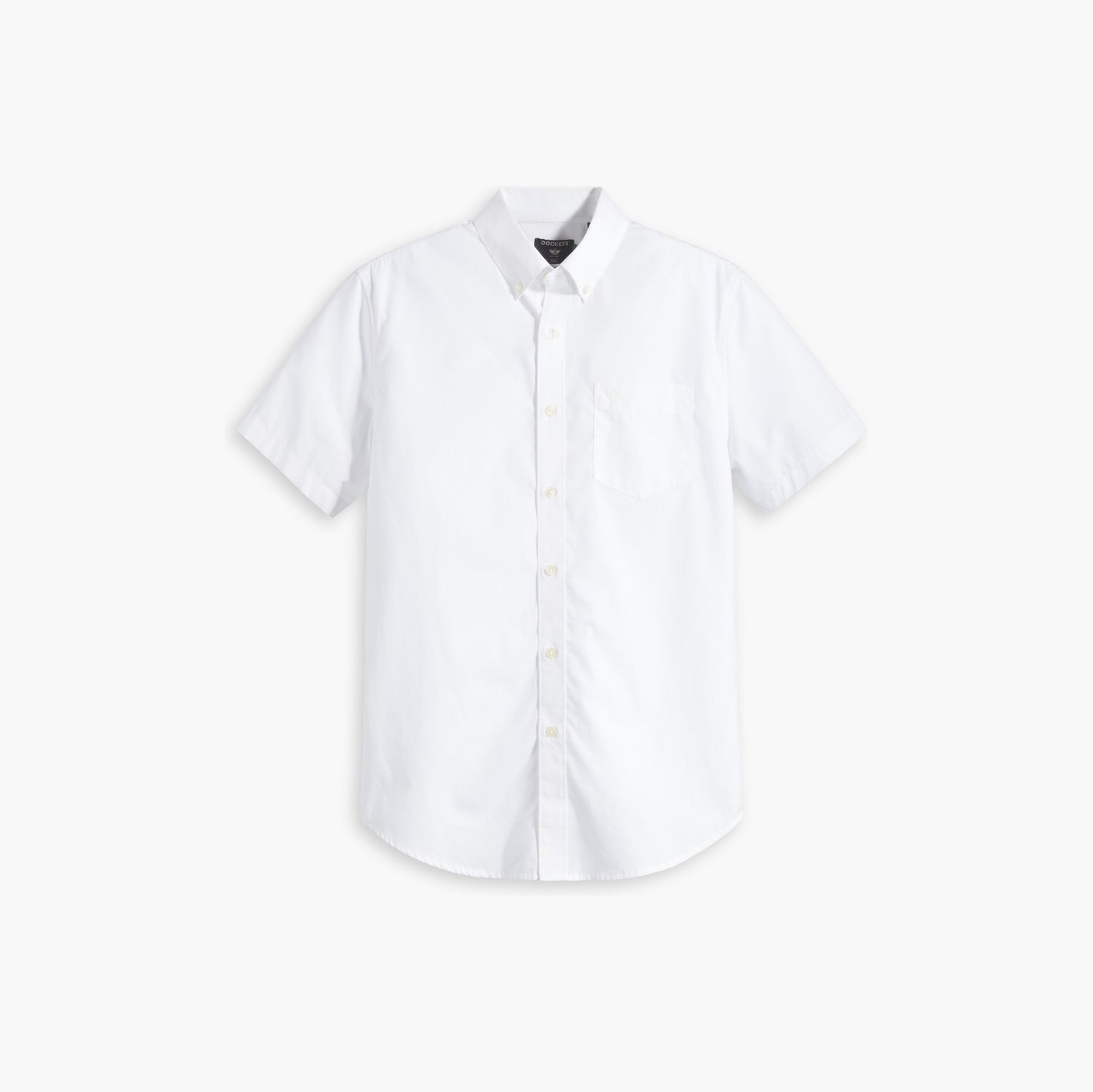 Dockers Men's Signature Shirt with Stain Defender, SS, is a white short-sleeve button-up featuring a front pocket and Comfort Flex Collar for style and ease. Its laid-flat Mechanical Stretch Twill fabric allows free movement without restriction.