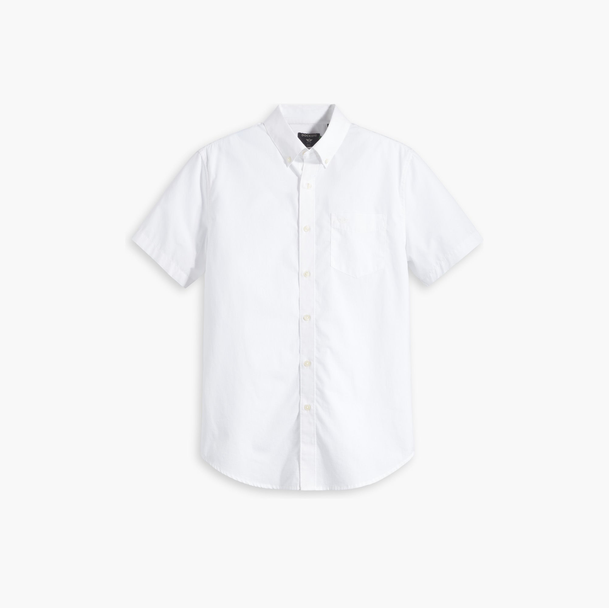 Dockers Men's Signature Shirt with Stain Defender, SS, is a white short-sleeve button-up featuring a front pocket and Comfort Flex Collar for style and ease. Its laid-flat Mechanical Stretch Twill fabric allows free movement without restriction.