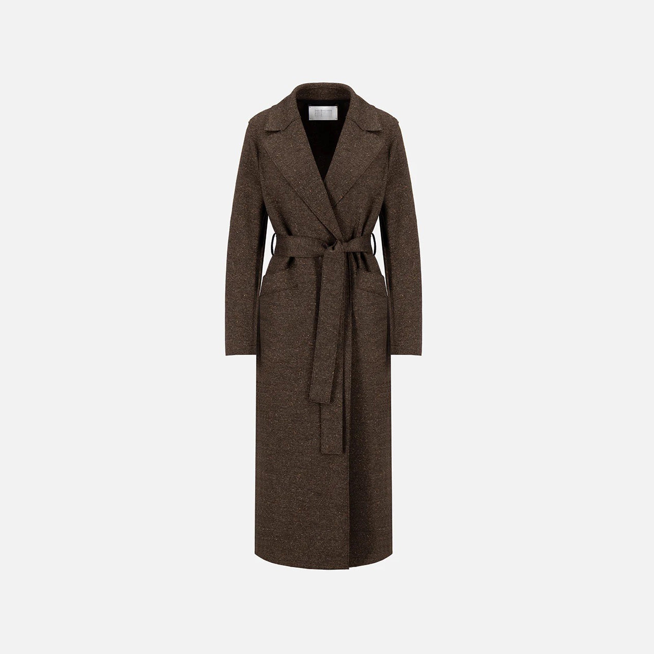 The Harris Wharf W Long Maxi Coat Donegal is a long brown wool coat with wide lapels, belted waist, and two side pockets, shown against a plain white background.