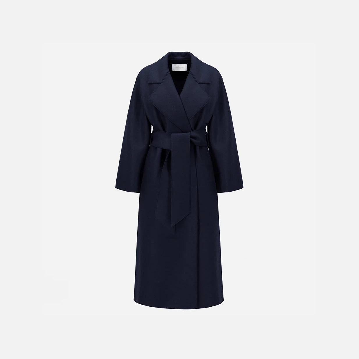 The Harris Wharf W Belted Clutch Coat in navy, featuring pressed wool, a wide collar, and a matching fabric belt tied at the waist, is shown against a plain light background.