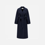 The Harris Wharf W Belted Clutch Coat in navy, featuring pressed wool, a wide collar, and a matching fabric belt tied at the waist, is shown against a plain light background.