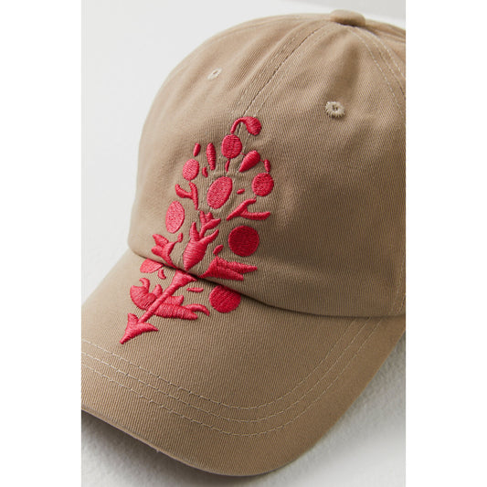 Beige Big Buti Baseball Cap with detailed red floral embroidery and the Free People Movement logo on the front, pictured on a white background.