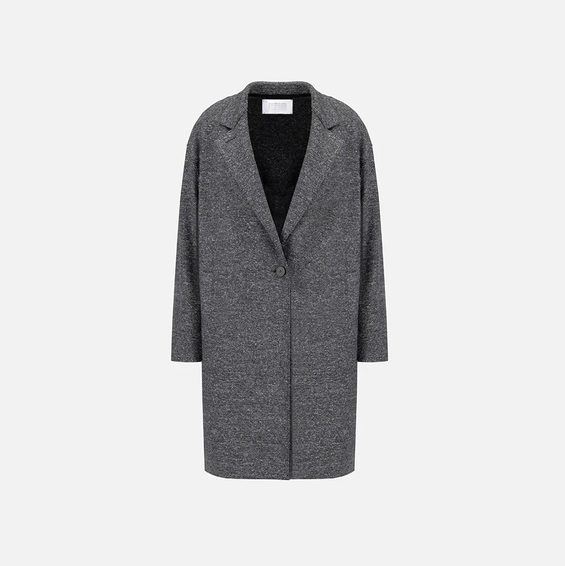 The Harris Wharf W Oversized Coat Donegal is a long, gray, oversized coat with a single-breasted design, one-button closure, notched lapel, and straight sleeves, shown against a plain white background.