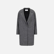 The Harris Wharf W Oversized Coat Donegal is a long, gray, oversized coat with a single-breasted design, one-button closure, notched lapel, and straight sleeves, shown against a plain white background.