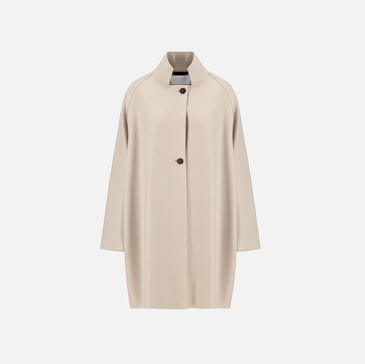 The Harris Wharf W Raglan Cape in pressed wool is a beige, knee-length Italian-made coat with a high collar, single-breasted front, and two visible buttons, shown against a plain white background.
