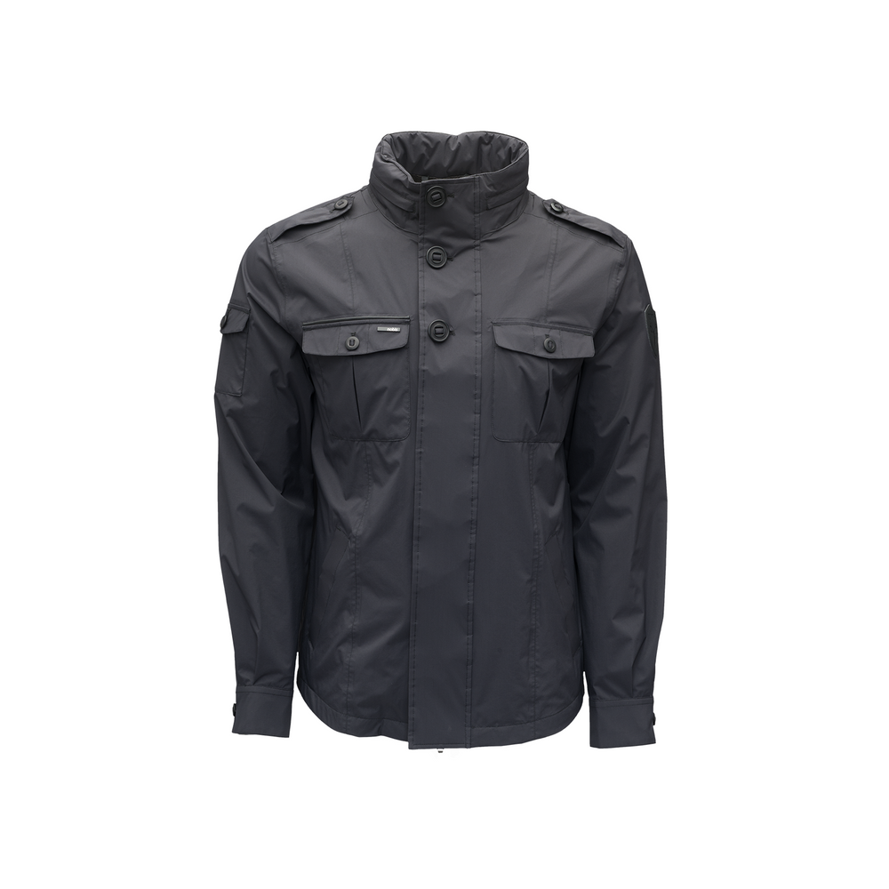 Nobis' Admiral Men's Jacket: A black button-up design with multiple pockets and a high collar, crafted with advanced fabric technology for enhanced durability.