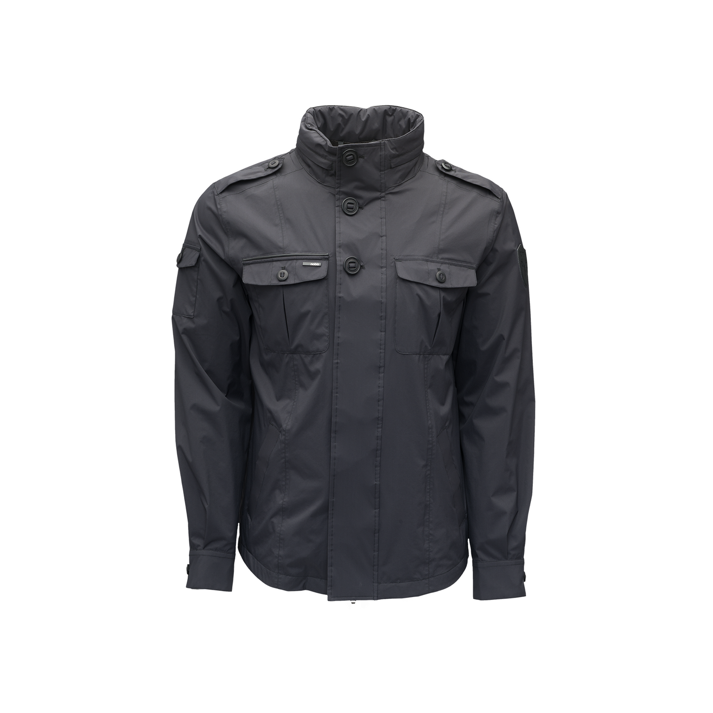 Nobis' Admiral Men's Jacket: A black button-up design with multiple pockets and a high collar, crafted with advanced fabric technology for enhanced durability.