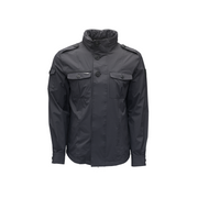 Nobis' Admiral Men's Jacket: A black button-up design with multiple pockets and a high collar, crafted with advanced fabric technology for enhanced durability.