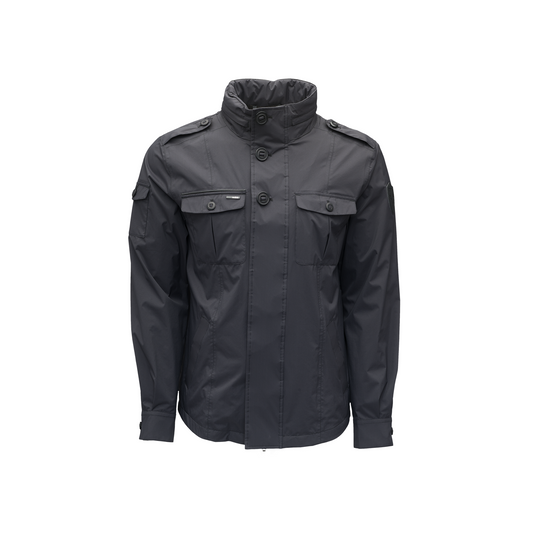 Nobis' Admiral Men's Jacket: A black button-up design with multiple pockets and a high collar, crafted with advanced fabric technology for enhanced durability.