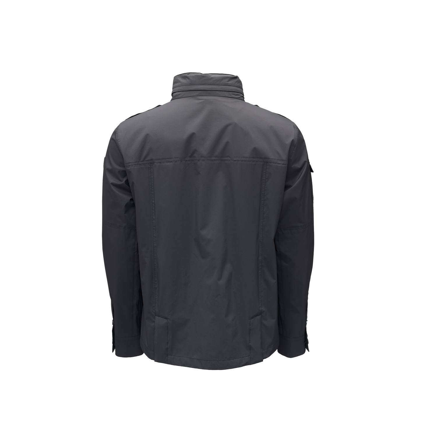 Rear view of the Nobis Admiral Men's Jacket in dark gray, featuring a high collar, long sleeves, and stitch detailing. This lightweight tech jacket utilizes advanced fabric technology for superior comfort and style.