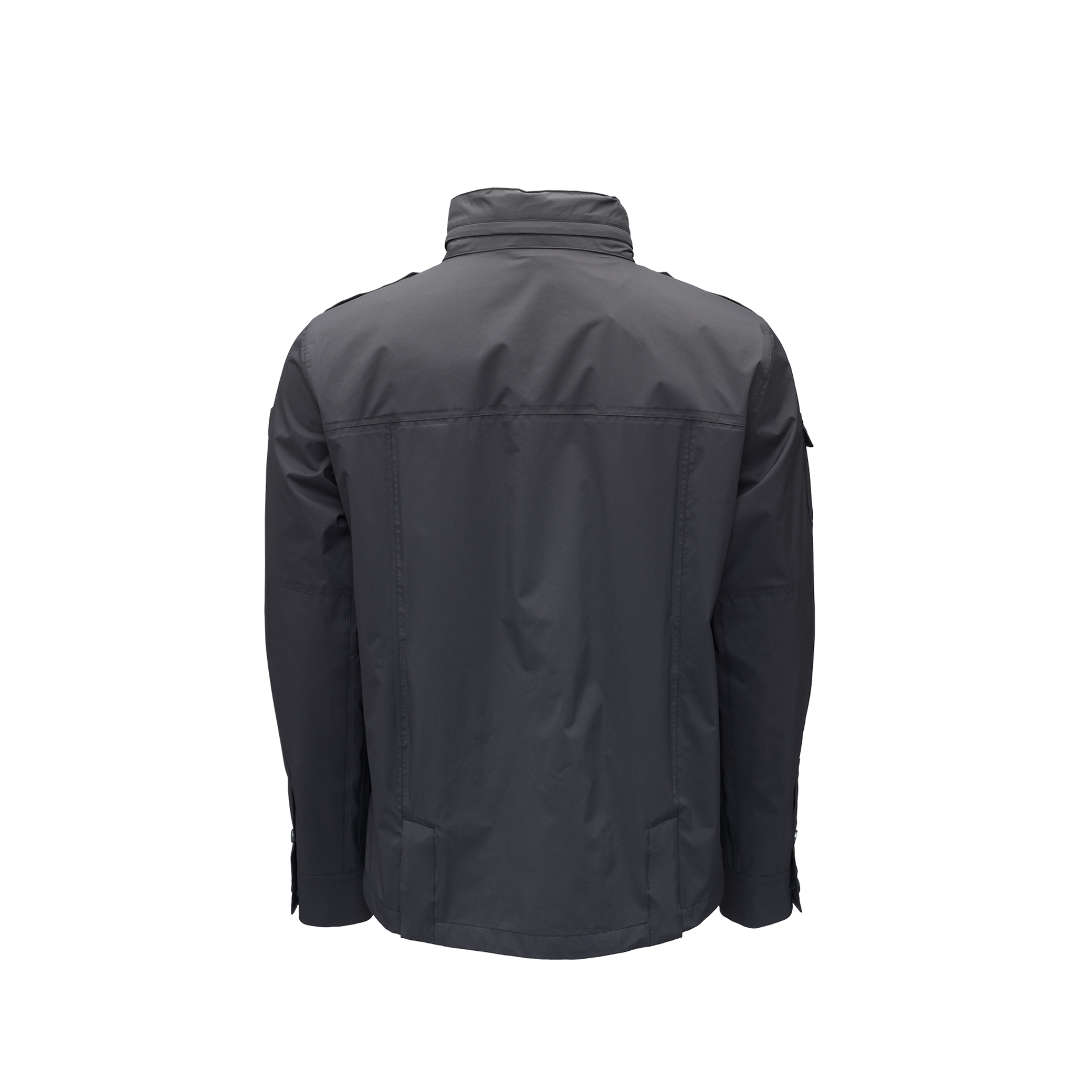 Rear view of the Nobis Admiral Men's Jacket in dark gray, featuring a high collar, long sleeves, and stitch detailing. This lightweight tech jacket utilizes advanced fabric technology for superior comfort and style.