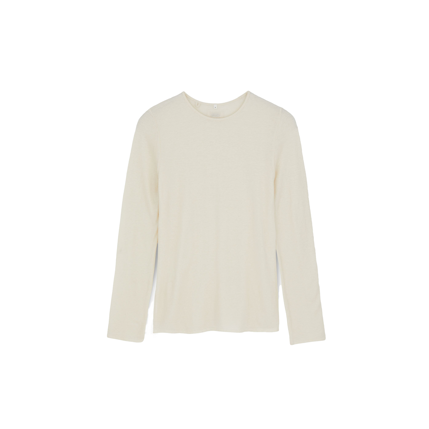 The Aiayu Gentle LS T-Shirt is a plain, long-sleeve beige sweater with a round neckline, shown against a white background.