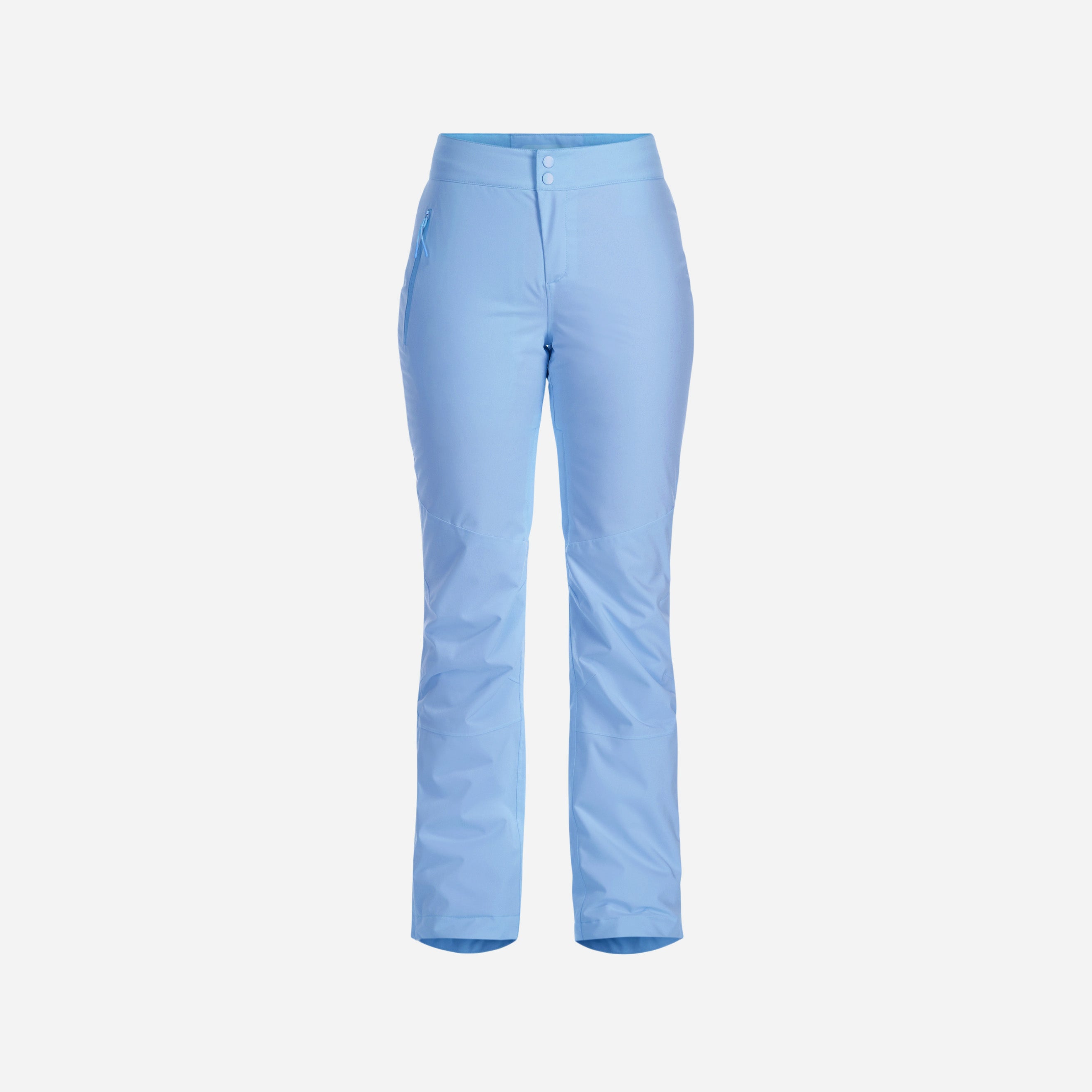 The Alessandra Pant by Halfdays is a pair of light blue insulated ski pants with a front zipper, snap button, and two zippered pockets, shown on a plain white background.