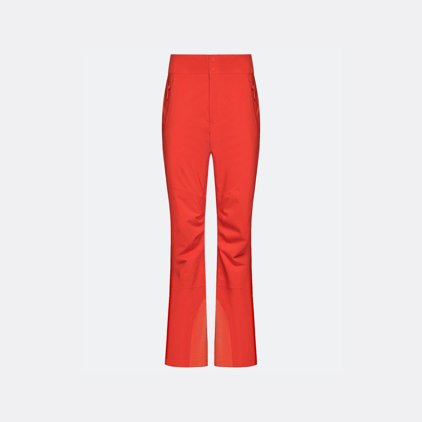 The Halfdays Alessandra Pant is a red, high-waisted, straight-leg ski pant featuring front buttons and two side pockets, shown against a plain white background.