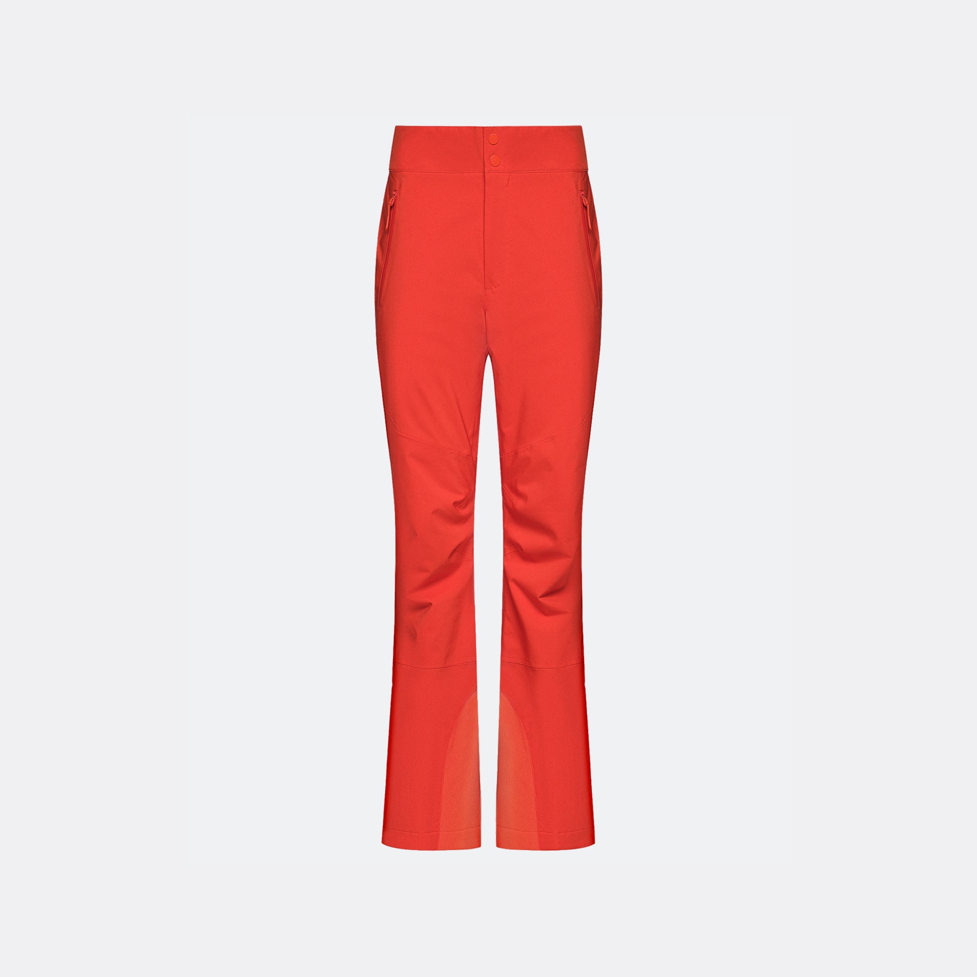 The Halfdays Alessandra Pant is a red, high-waisted, straight-leg ski pant featuring front buttons and two side pockets, shown against a plain white background.