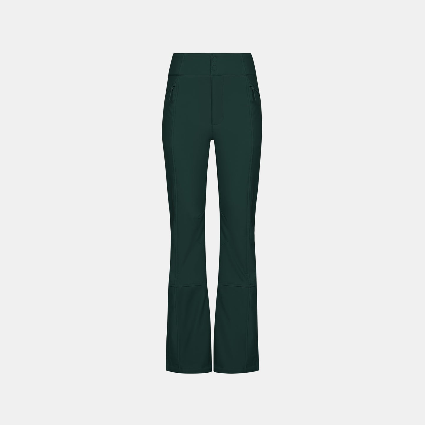 The Emma Pant by Halfdays is displayed, featuring dark green, high-waisted design with flared legs and front pockets, reminiscent of a soft shell ski pant on a plain white background.